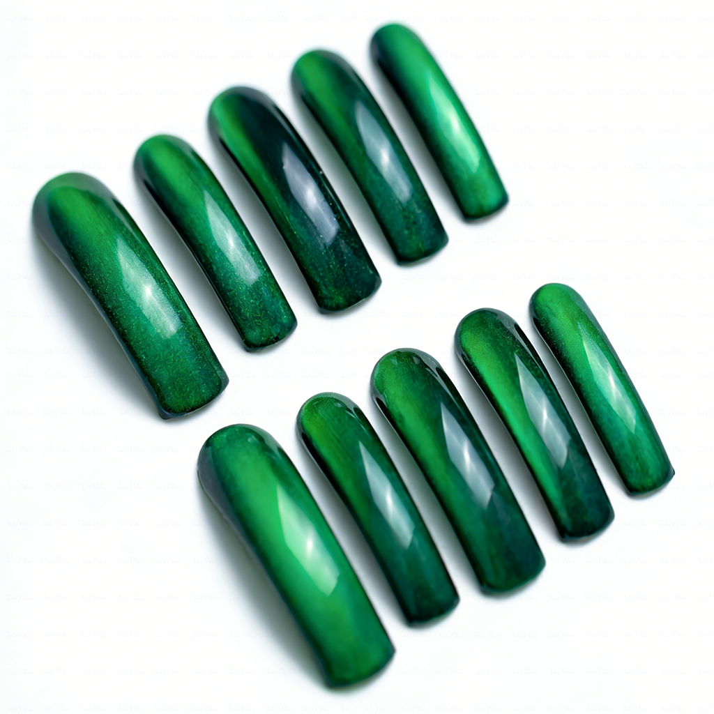 Emerald Glow – Emerald Green Long Downward Curved Press-Ons with Magnetic Light-Shifting Cat Eye Finish