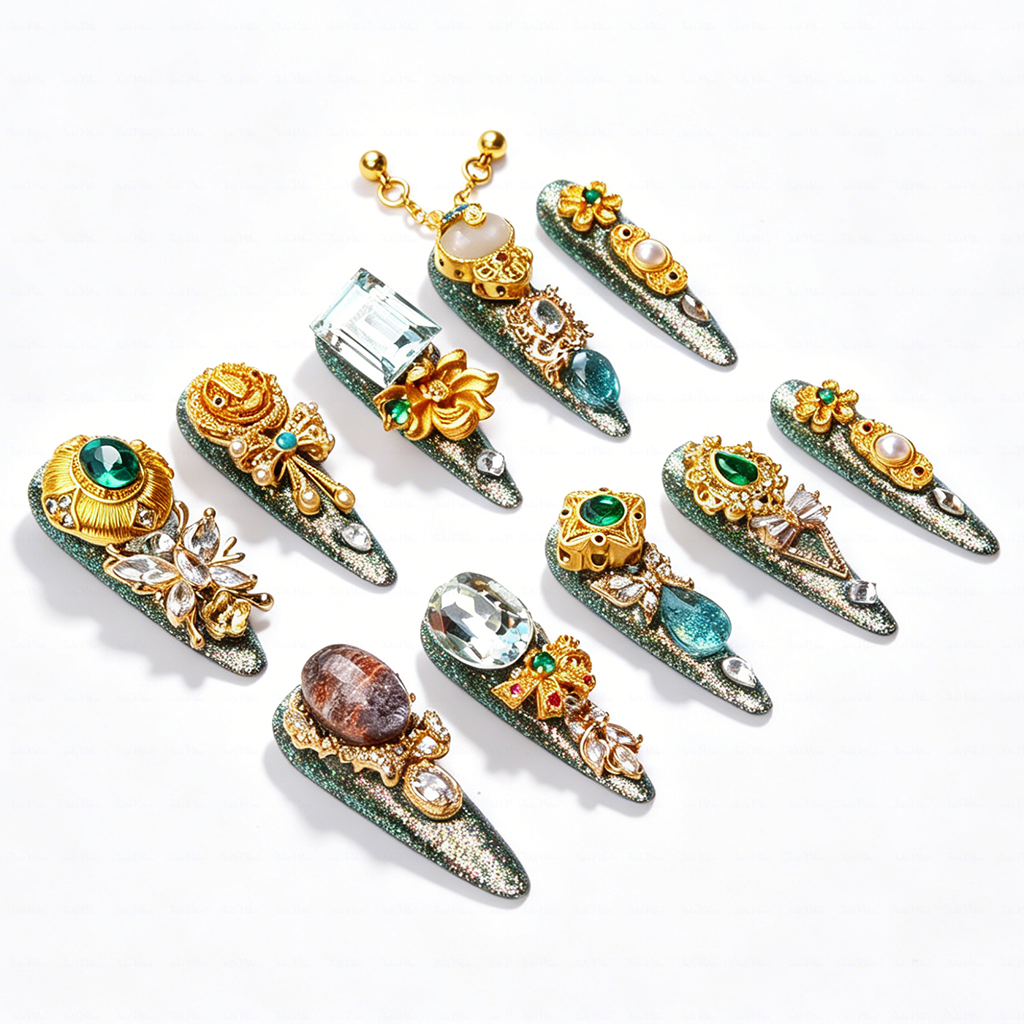 Made-to-Order | Imperial Jade Baroque – Sage Glitter Long Stiletto Press-Ons with Gold Vintage Gem Charms