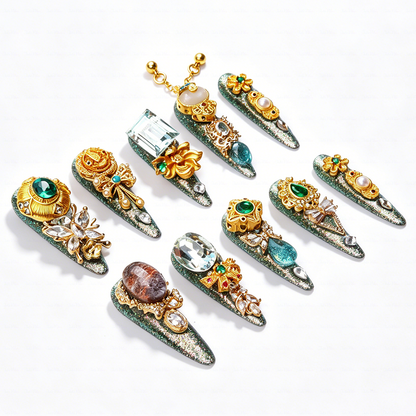 Made-to-Order | Imperial Jade Baroque – Sage Glitter Long Stiletto Press-Ons with Gold Vintage Gem Charms