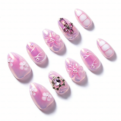 Aurora Bloom – Iridescent Pink Short Almond Press-Ons with 3D Floral & Heart Rhinestone Charms