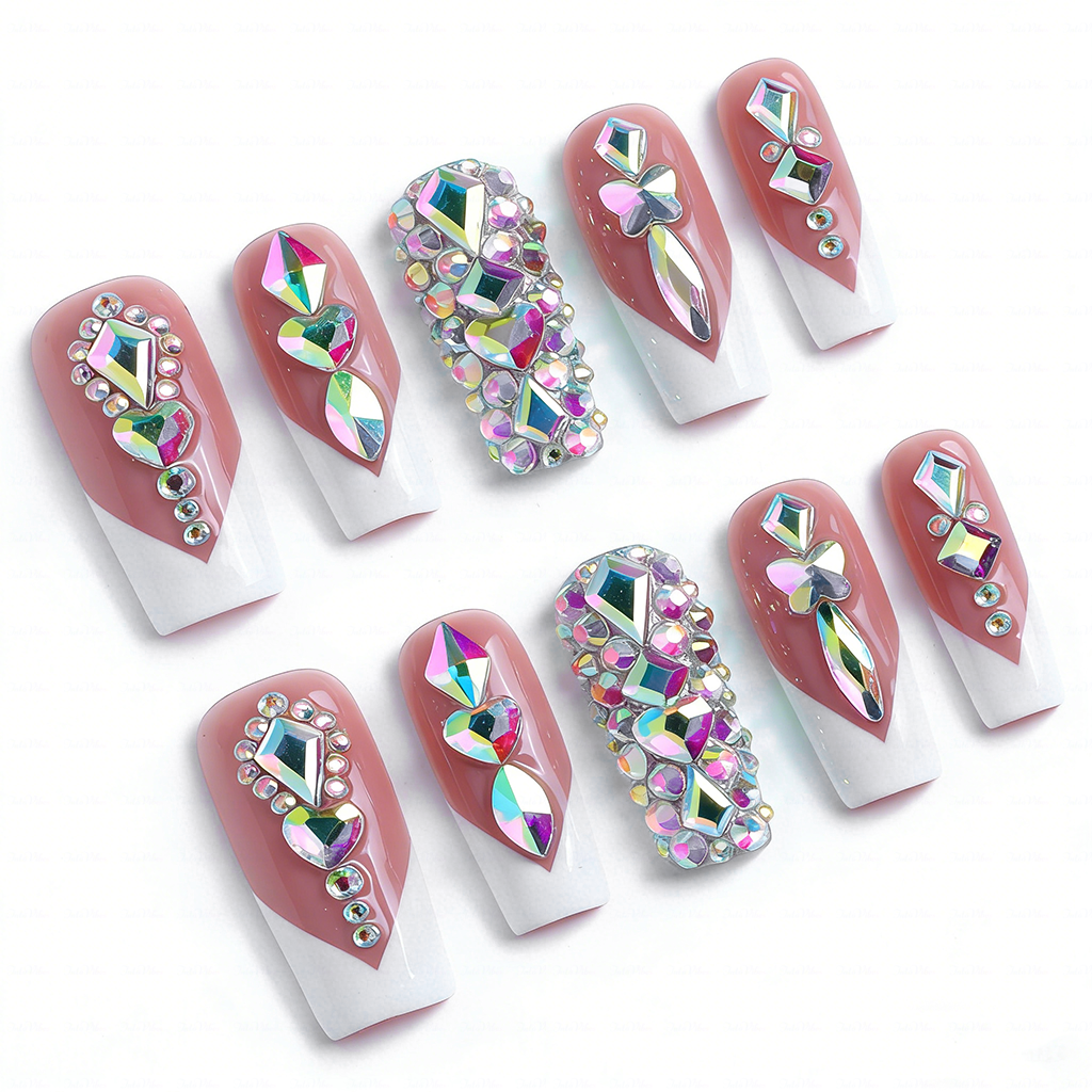 Rainbow V French-Nude & White Medium Square Press-Ons with V-Tip & Iridescent Rhinestone Accents