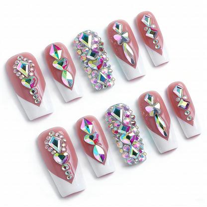 Rainbow V French-Nude & White Medium Square Press-Ons with V-Tip & Iridescent Rhinestone Accents