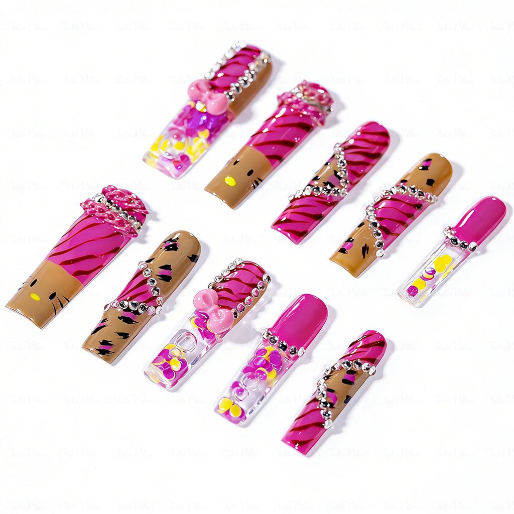 Kitty Leopard  Hot Pink & Brown Long Square Water Press-Ons with Tiger Print & 3D Bow Charms
