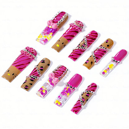 Kitty Leopard  Hot Pink & Brown Long Square Water Press-Ons with Tiger Print & 3D Bow Charms