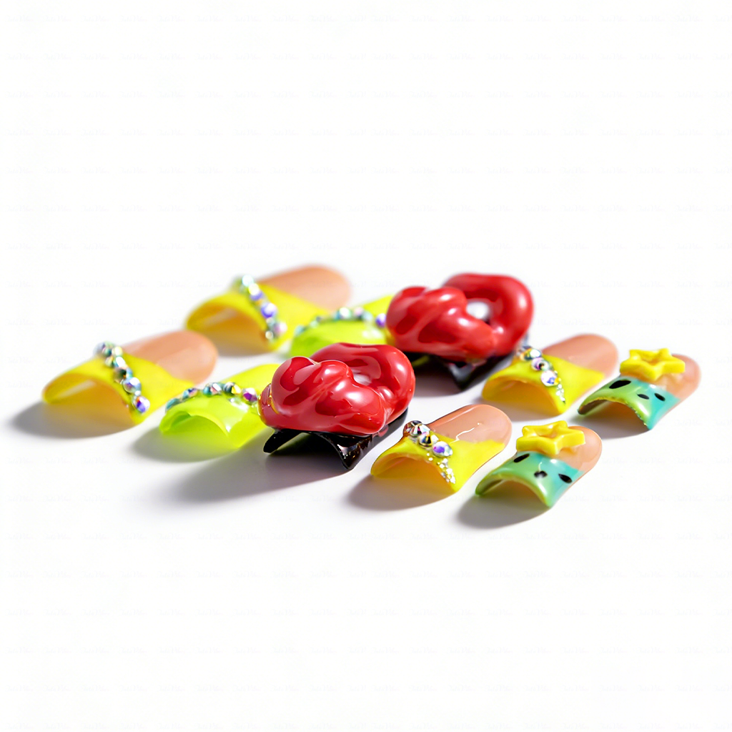 Neon Lip Pop-Neon Yellow Short Duck Press-Ons with 3D Lip & Star Charms