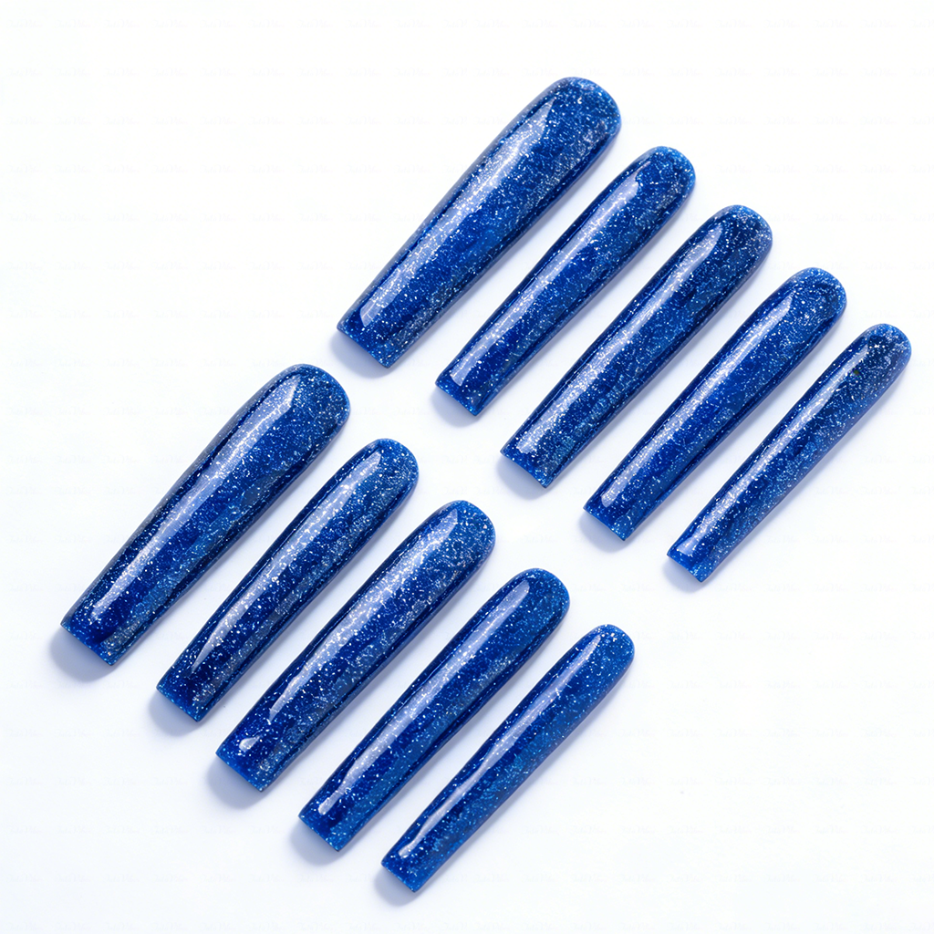 Midnight Galaxy – Deep Blue & Silver Glitter Long Square Press-Ons