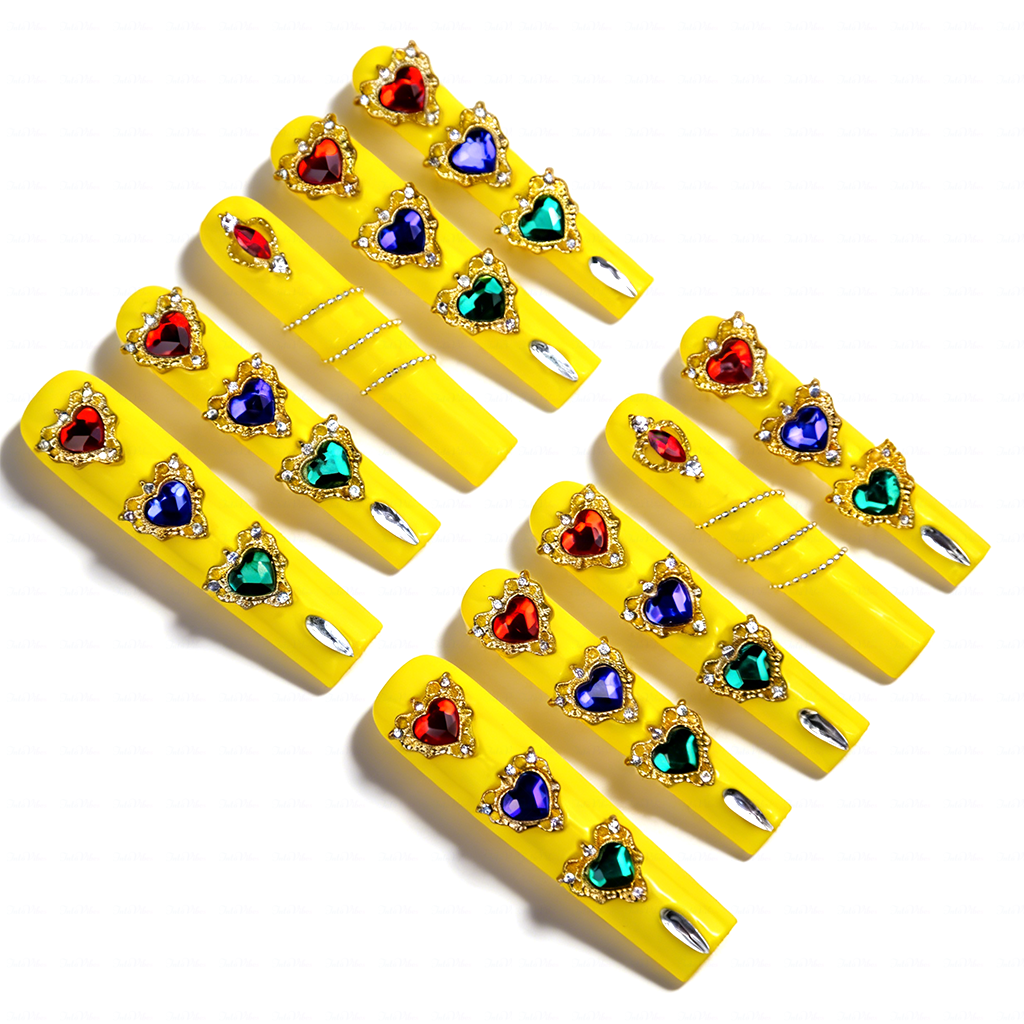 Sunset Heart – Neon Yellow Long Square Press-Ons with Rainbow Crystal Hearts