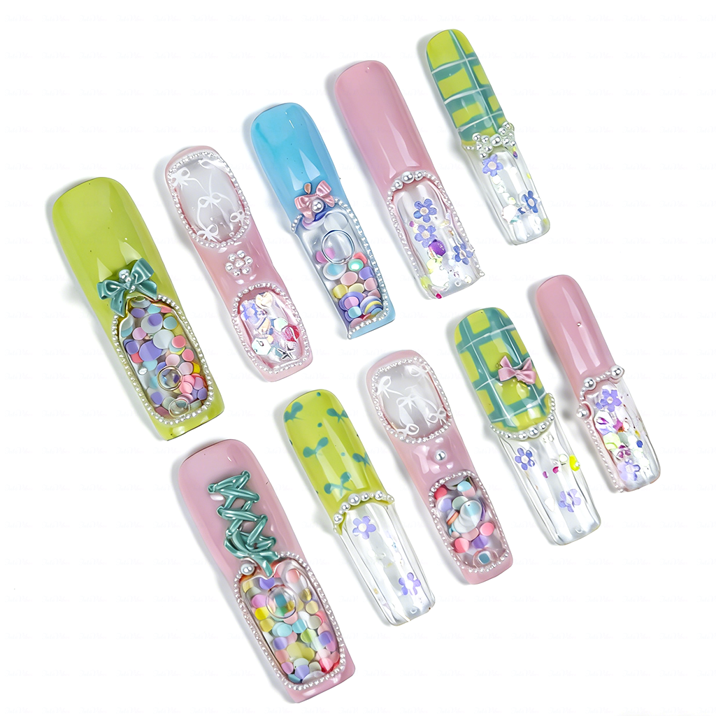Pastel Quicksand  Multi-Color Long Square Water Press-Ons with 3D Bow & Sequin Accents
