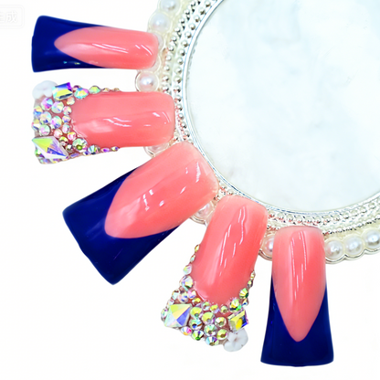 Royal V French  Nude & Navy Blue Long Duck Press-Ons with Iridescent Rhinestone Accents
