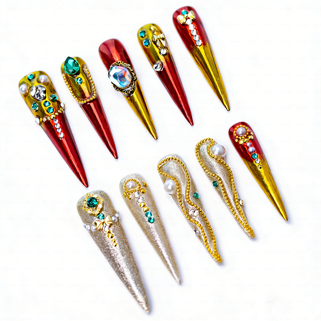 Royal Gala – Red & Gold Stiletto Press-Ons with Crystal & Pearl Accents