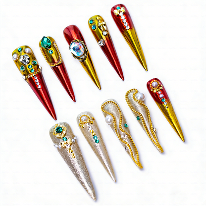 Royal Gala – Red & Gold Stiletto Press-Ons with Crystal & Pearl Accents
