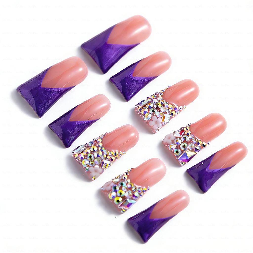 Blossom Gradient – Pink & Purple Long Duck Press-Ons with Crystal & Floral Accents