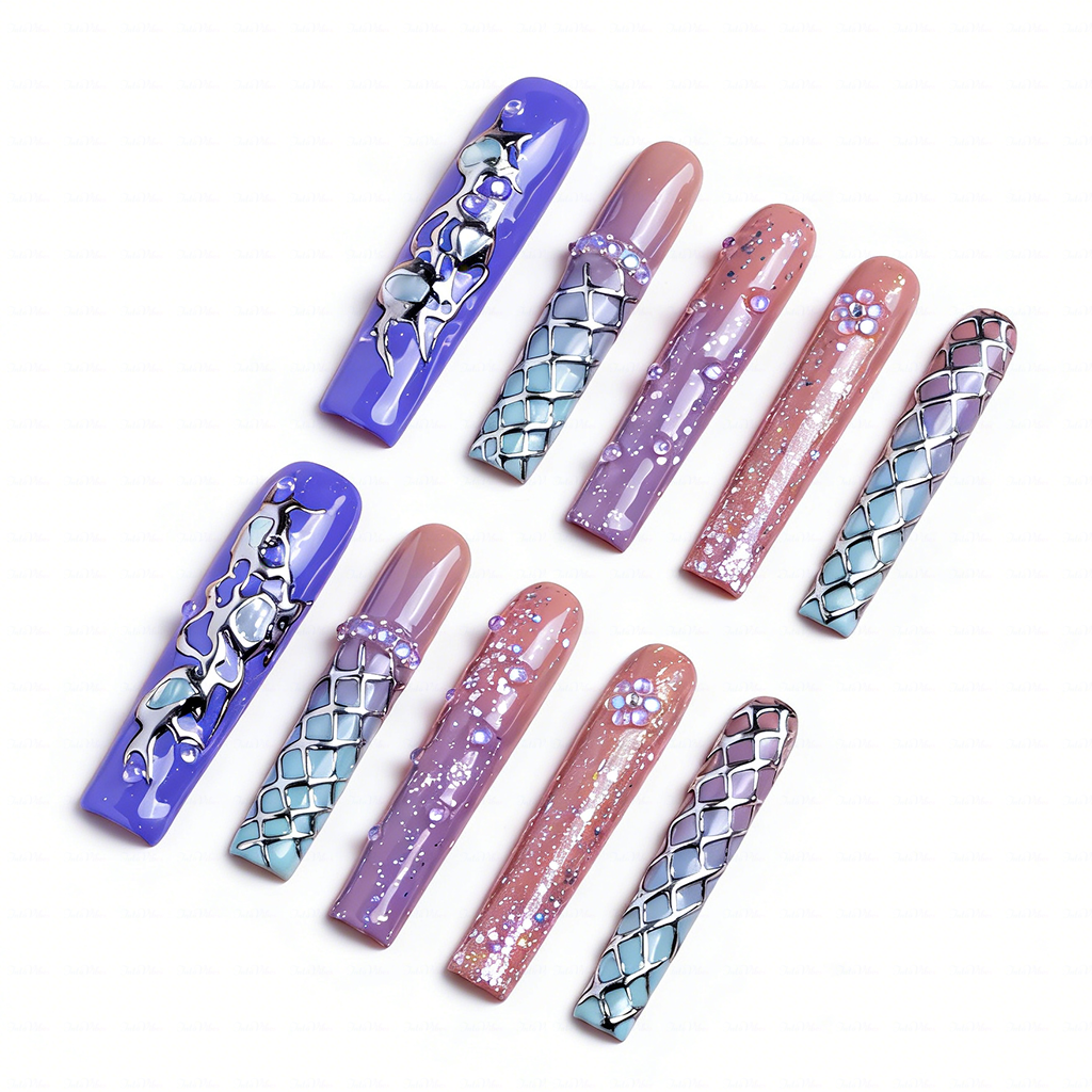 Mystic Gradient – Multi-Tone Long Square Press-Ons with Chrome & Glitter Accents