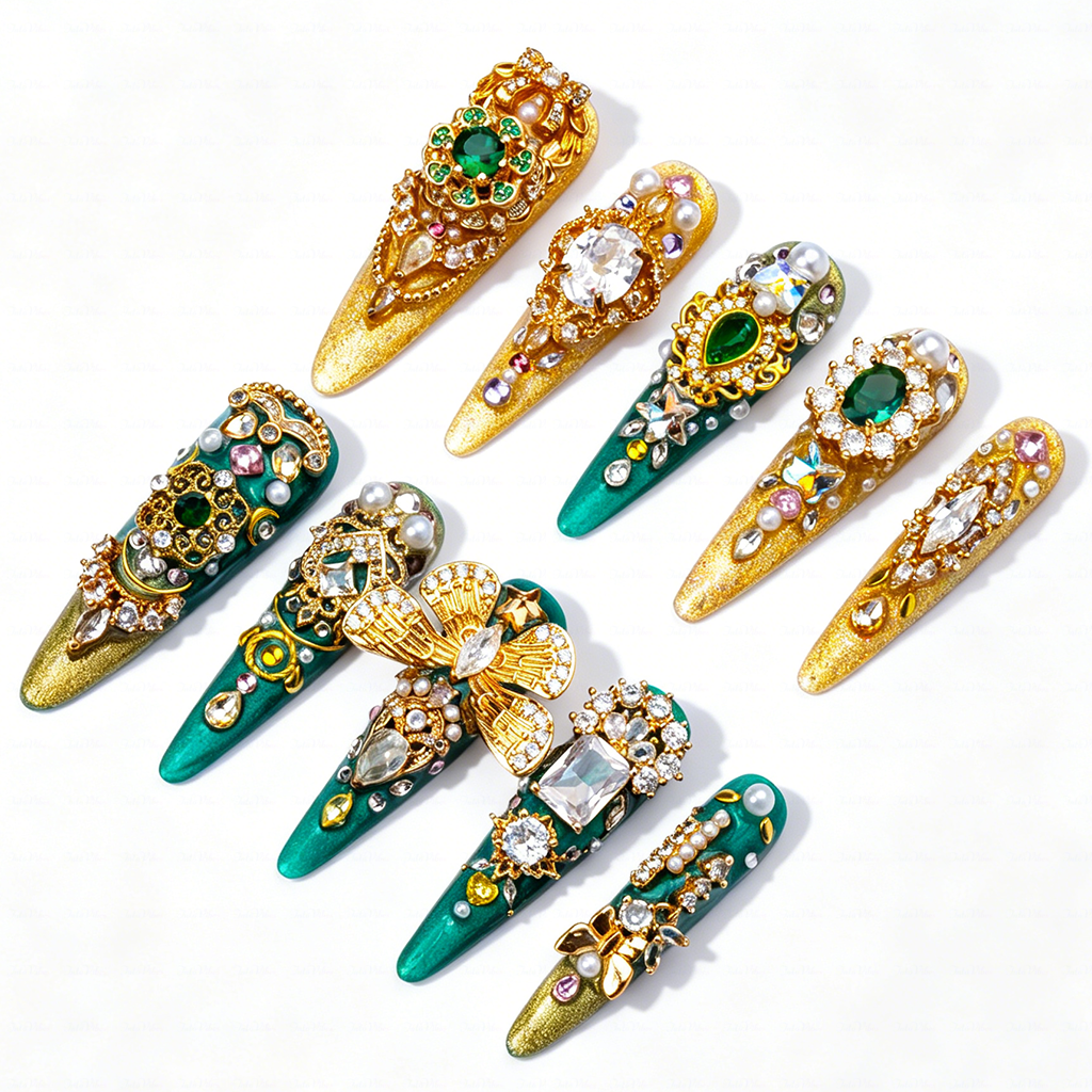 Made-to-Order | Emerald Royal Baroque – Green & Gold Long Stiletto Press-Ons with Vintage Gem Charms