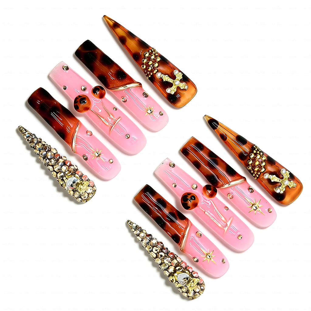 Tortie Cherry – Long Stiletto Press-Ons with Tortoiseshell & Cherry Accents