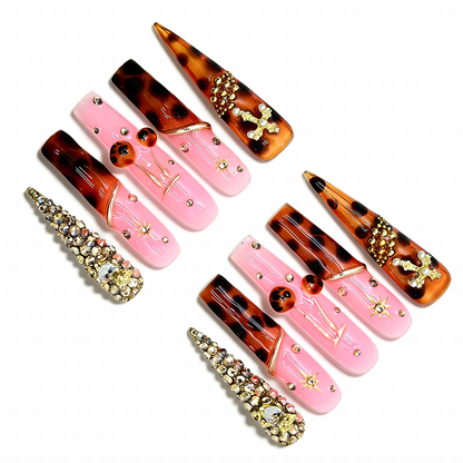 Tortie Cherry – Long Stiletto Press-Ons with Tortoiseshell & Cherry Accents