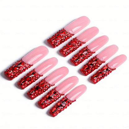 Ruby Red Bling – Nude & Red Long Square Press-Ons with Full Red Rhinestone Accents