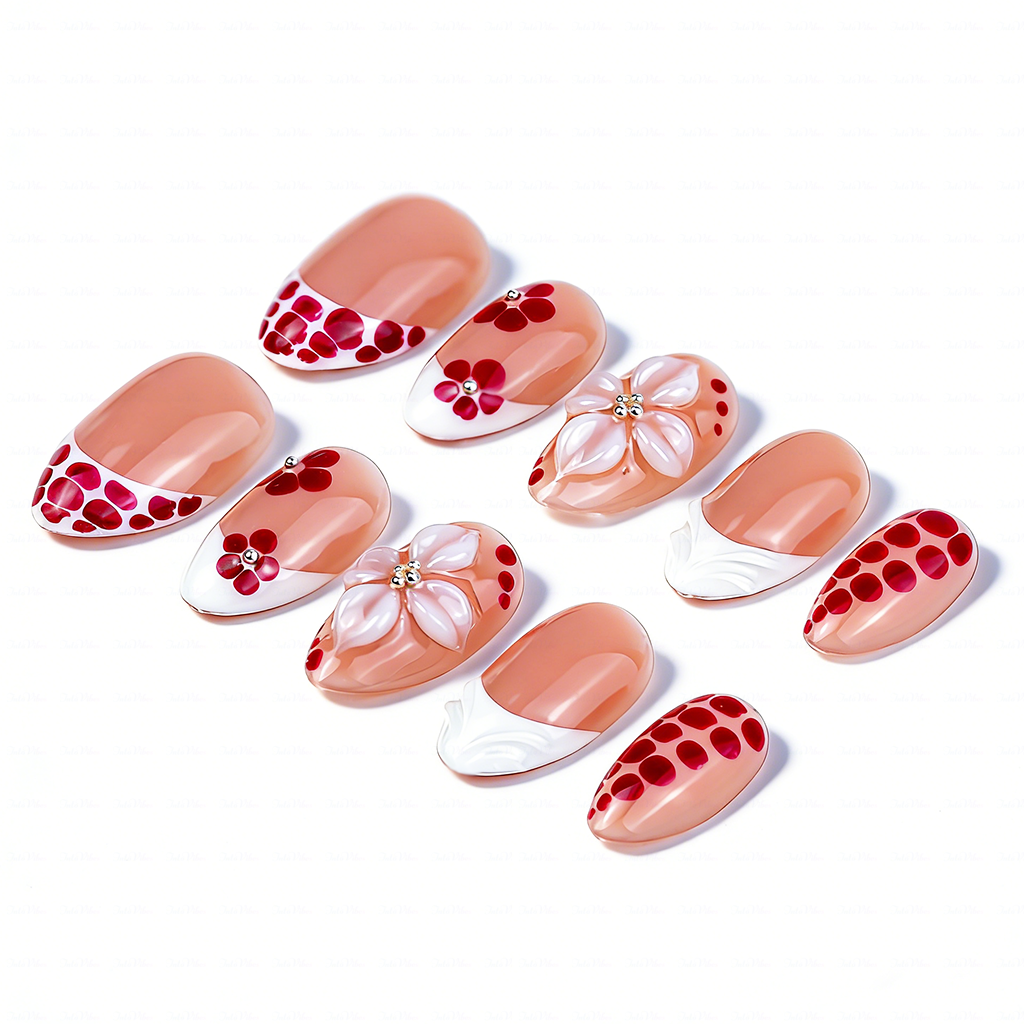 Red Leopard Bloom – Nude Red Short Almond Press-Ons with 3D Floral & Leopard Print Accents