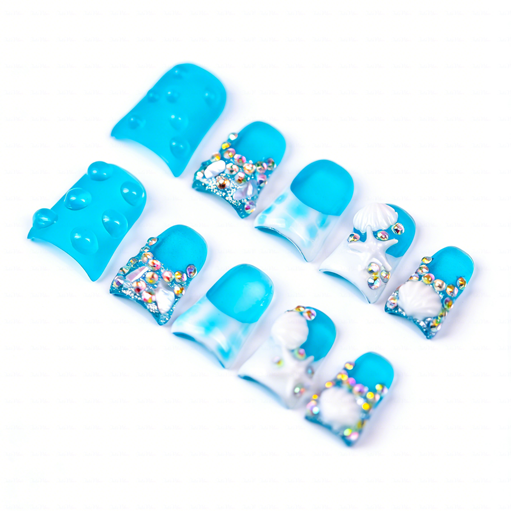 Tide Sparkle – Ocean Blue Short Duck Press-Ons with Starfish & Seashell Charms