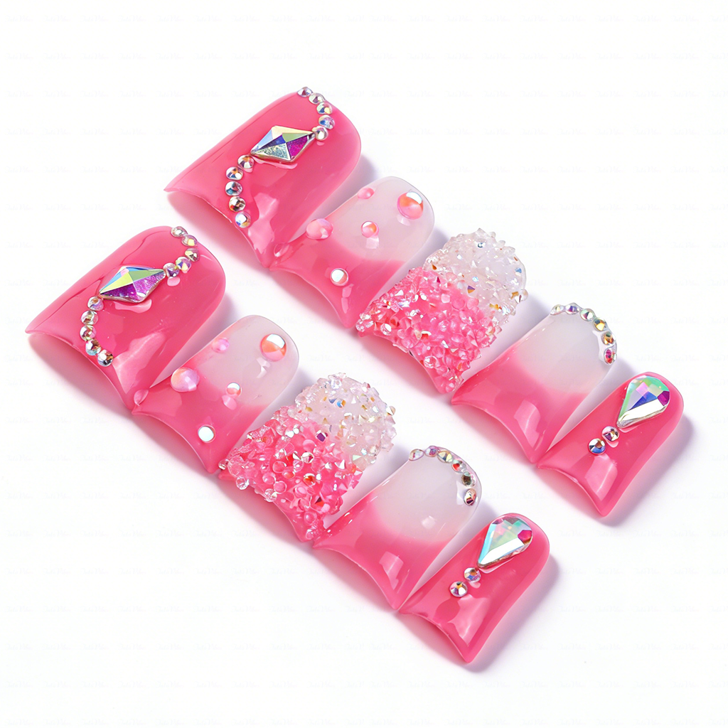 Bubblegum Bling-Hot Pink Short Duck Press-Ons with Ombre Sugar Rhinestone & Crystal Accents