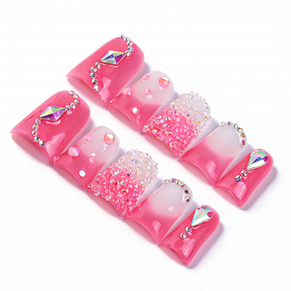 Bubblegum Bling-Hot Pink Short Duck Press-Ons with Ombre Sugar Rhinestone & Crystal Accents
