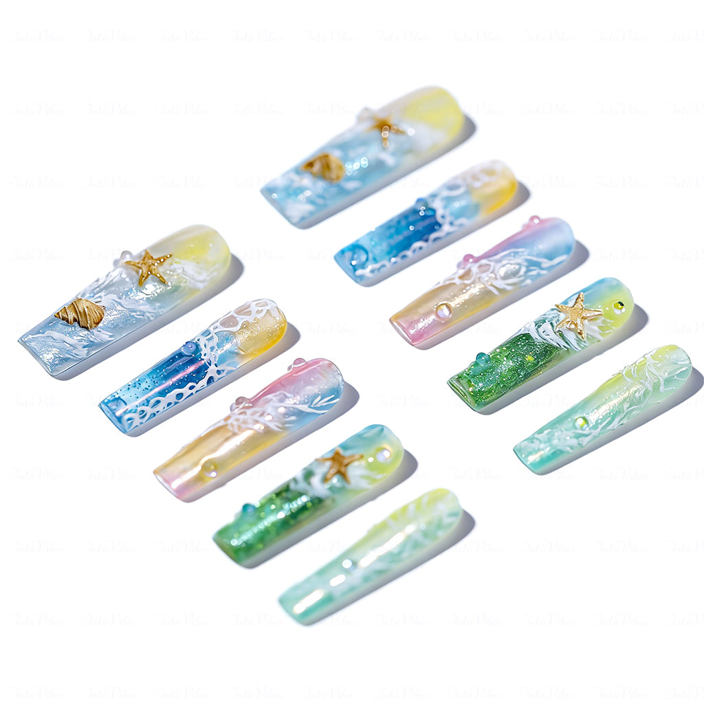 Beach Wave Pastel Rainbow Long Square Water Press-Ons with Hand-Painted Ocean & Starfish Accents