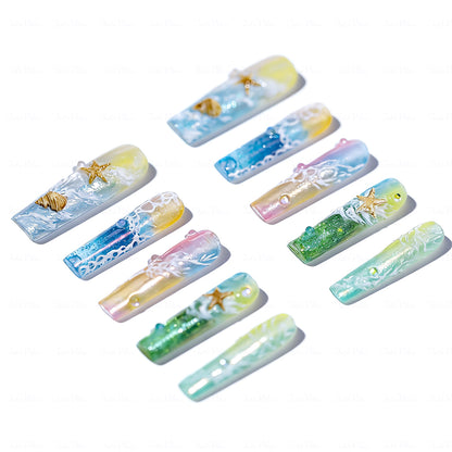 Beach Wave Pastel Rainbow Long Square Water Press-Ons with Hand-Painted Ocean & Starfish Accents