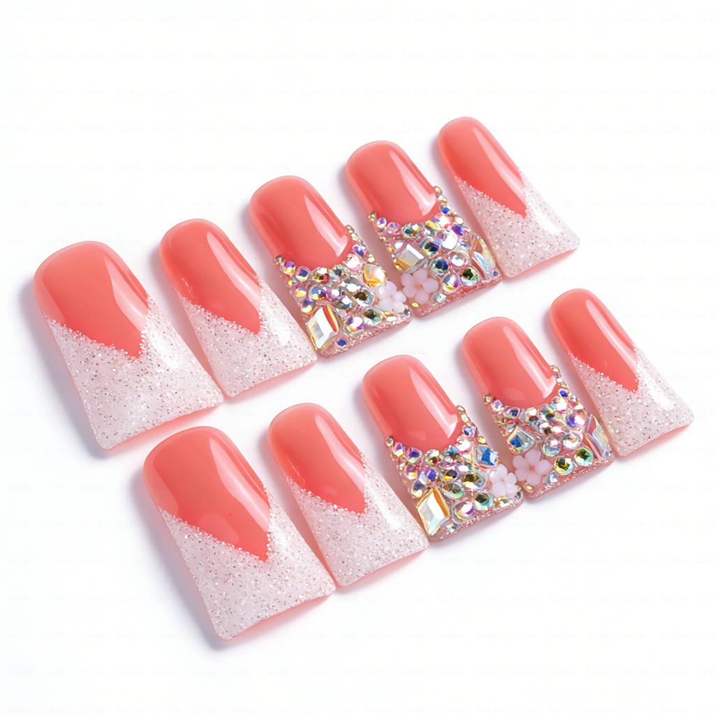 Peach Glitz – Coral & Silver Glitter Long Duck Press-Ons with Crystal Clusters