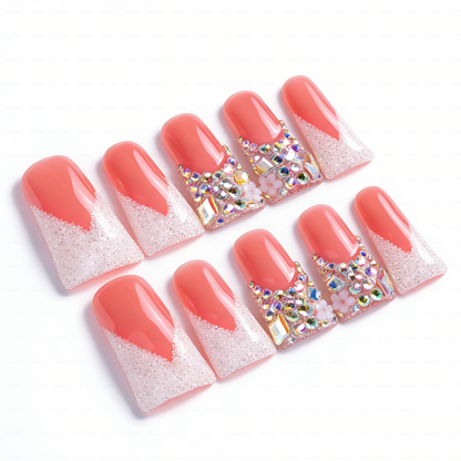Peach Glitz – Coral & Silver Glitter Long Duck Press-Ons with Crystal Clusters