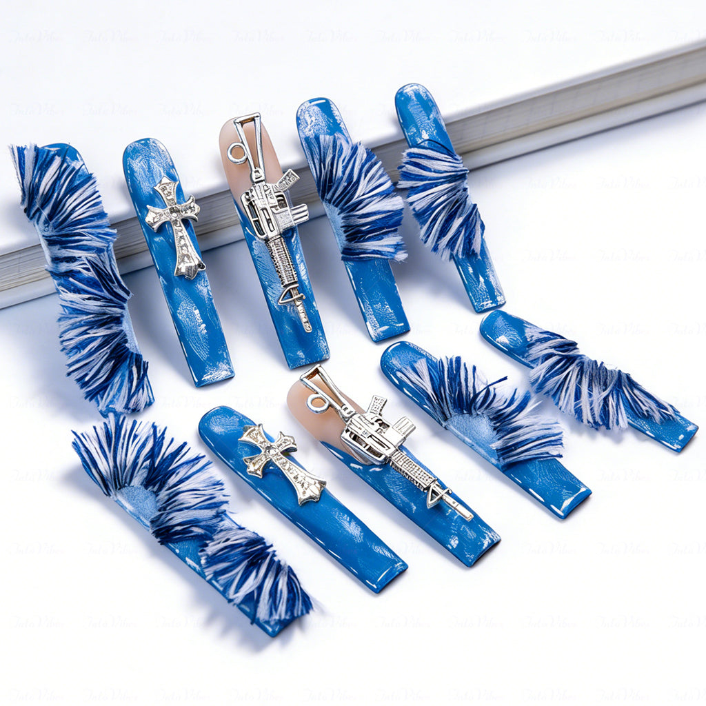 Cyber Denim – Blue Long Square Press-Ons with Cross & Gun Charms