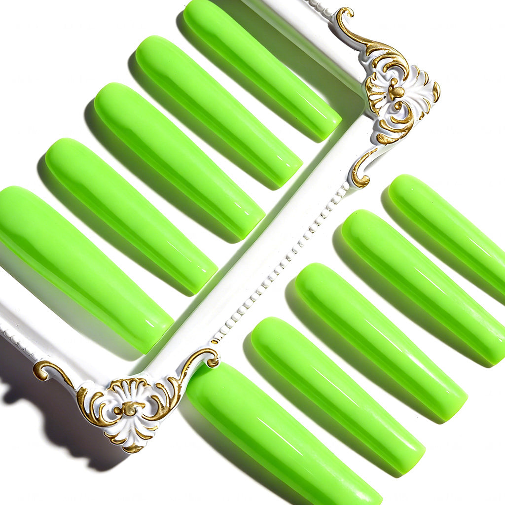 Neon Lime Green  Bright Green Long Square Press-Ons with High Gloss Solid Finish