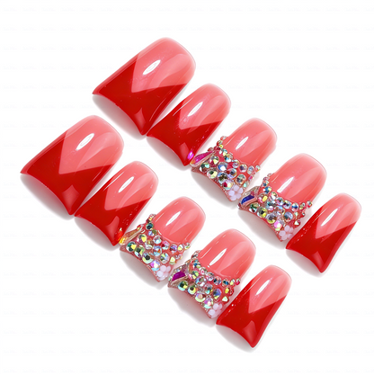 Ruby V French-Nude & Red Short Duck Press-Ons with V-Tip & Iridescent Rhinestone Accents