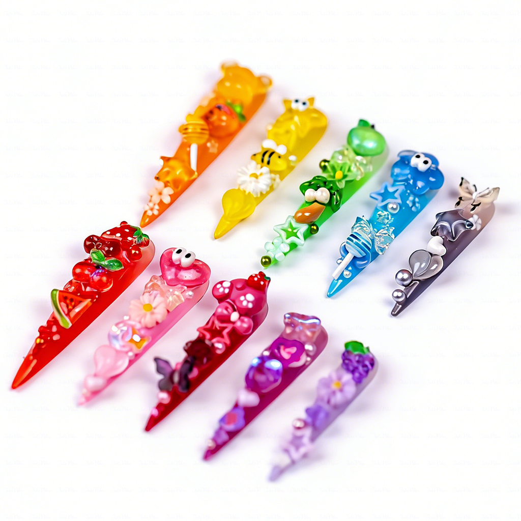 Candy Rainbow-Multi-Color Extra Long Stiletto Press-Ons with 3D Cartoon Fruit & Star Charms