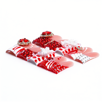 Cherub Heart-Red & Nude Short Duck Press-Ons with Heart Gem & 3D Angel Charms