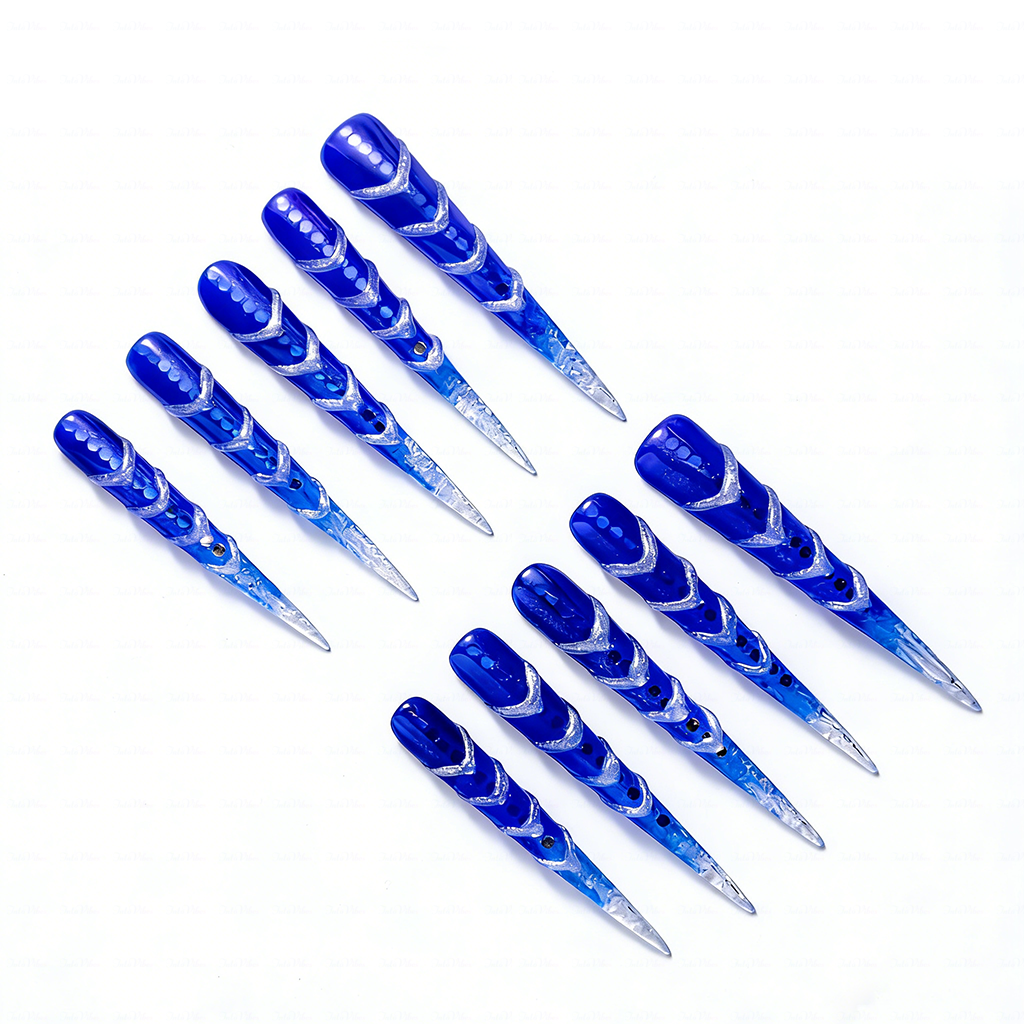 Ice Vortex – Cobalt Blue Stiletto Press-Ons with Silver Swirls