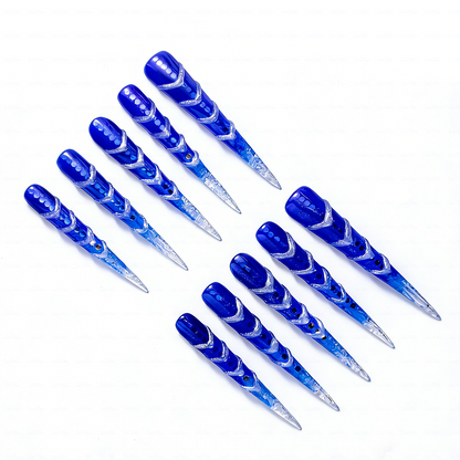 Ice Vortex – Cobalt Blue Stiletto Press-Ons with Silver Swirls