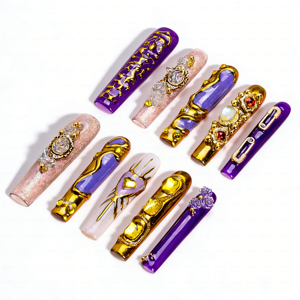 Royal Opulence – Purple & Gold Long Square Press-Ons with 3D Baroque Charms