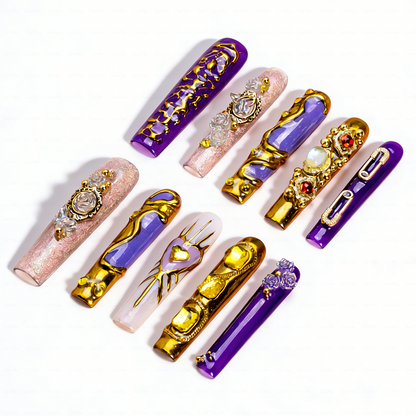 Royal Opulence – Purple & Gold Long Square Press-Ons with 3D Baroque Charms