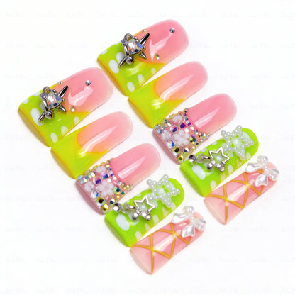 Neon Sweetie-Pink & Neon Green Long Duck Press-Ons with 3D Star & Bow Charms
