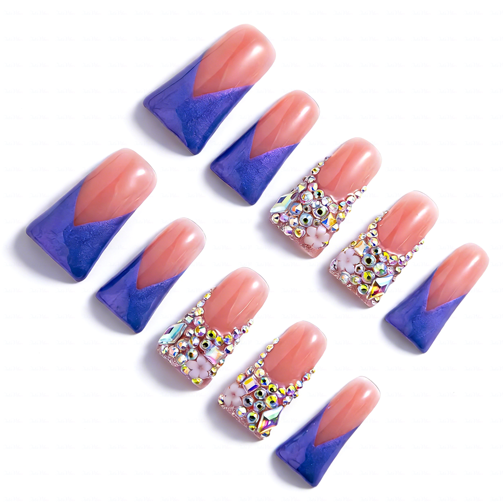 Lavender Blossom – Pink & Purple Long Duck Press-Ons with Crystal & Floral Accents