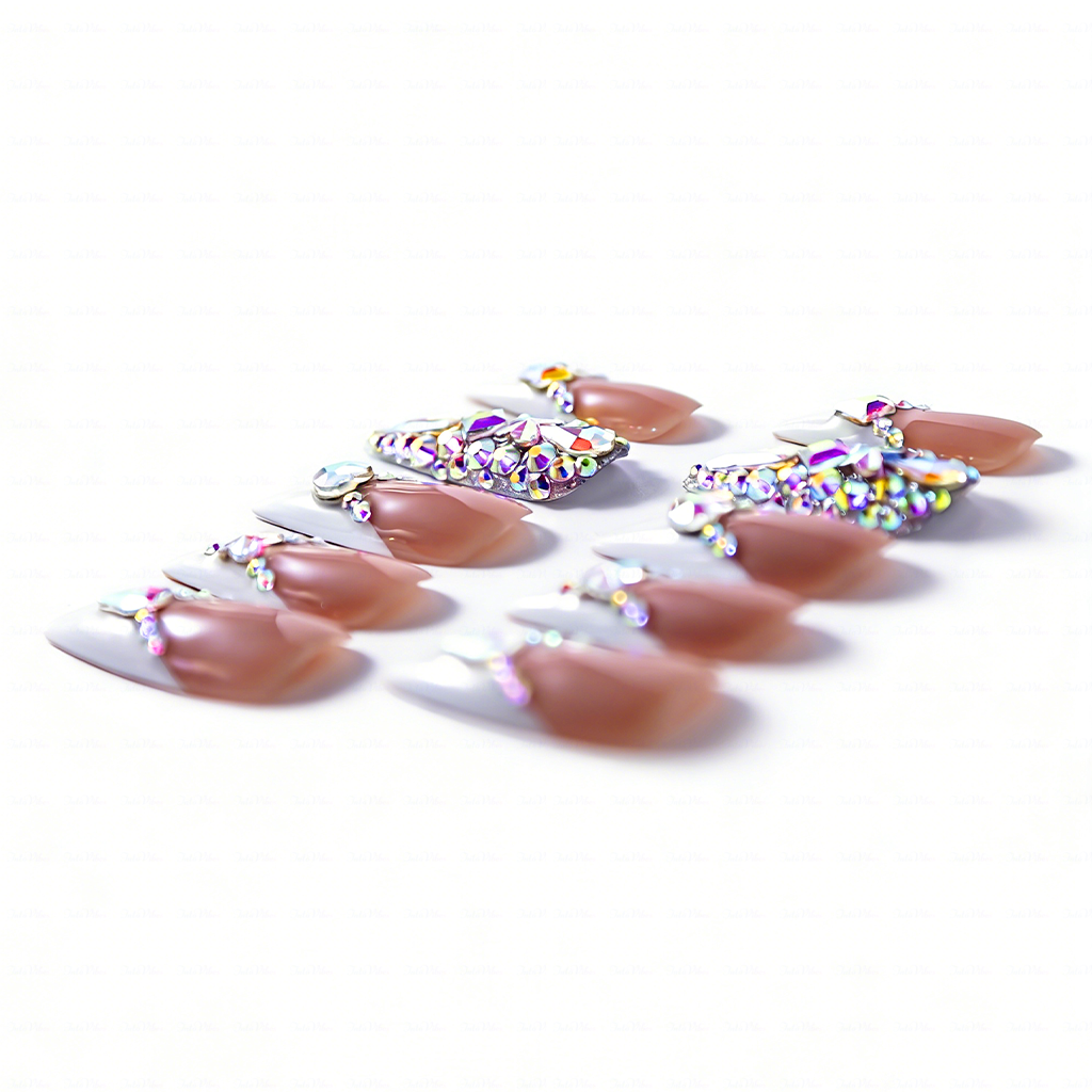 French Glitz – Nude & White Long Almond Press-Ons with French Tips & Iridescent Rhinestone Accents