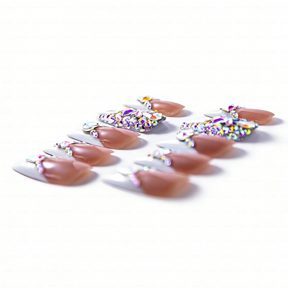French Glitz – Nude & White Long Almond Press-Ons with French Tips & Iridescent Rhinestone Accents