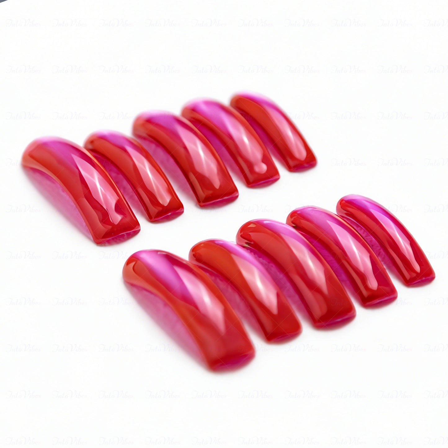 Neon Magenta Glow-Red & Pink Long Downward Curved Press-Ons with Mirror Gloss Finish