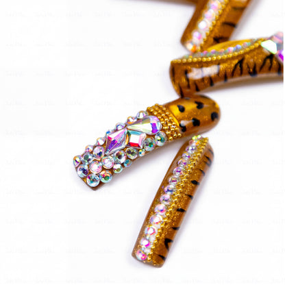 Tiger Glitz-Caramel Brown Long Downward Curved Press-Ons with Tiger Print & Rhinestone Accents
