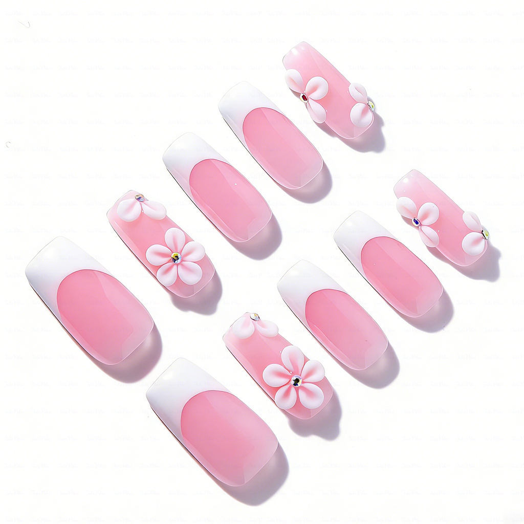 Blush Bloom – Soft Pink Medium Square Press-Ons with French Tips & 3D Floral Accents