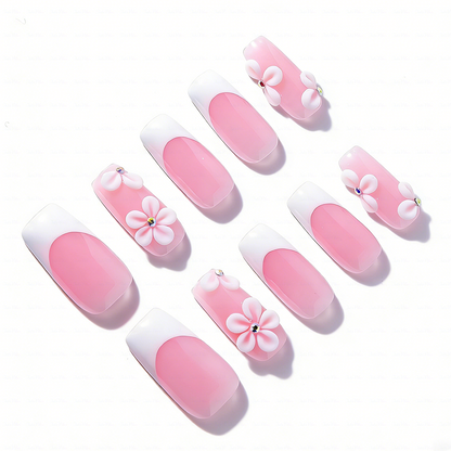 Blush Bloom – Soft Pink Medium Square Press-Ons with French Tips & 3D Floral Accents