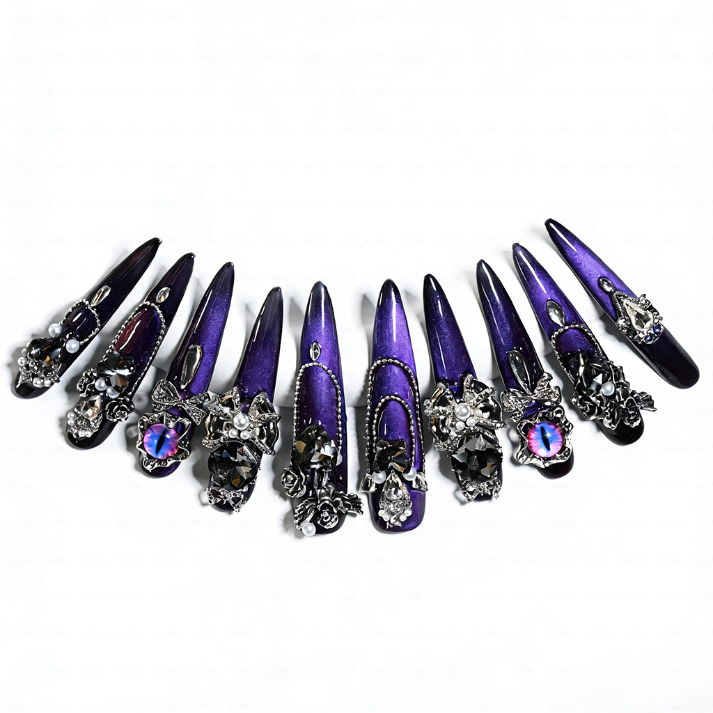 Noir Amethyst – Satin Purple Stiletto Press-Ons with Dark Crystal & Chain Charms