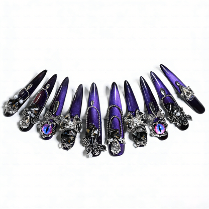 Noir Amethyst – Satin Purple Stiletto Press-Ons with Dark Crystal & Chain Charms