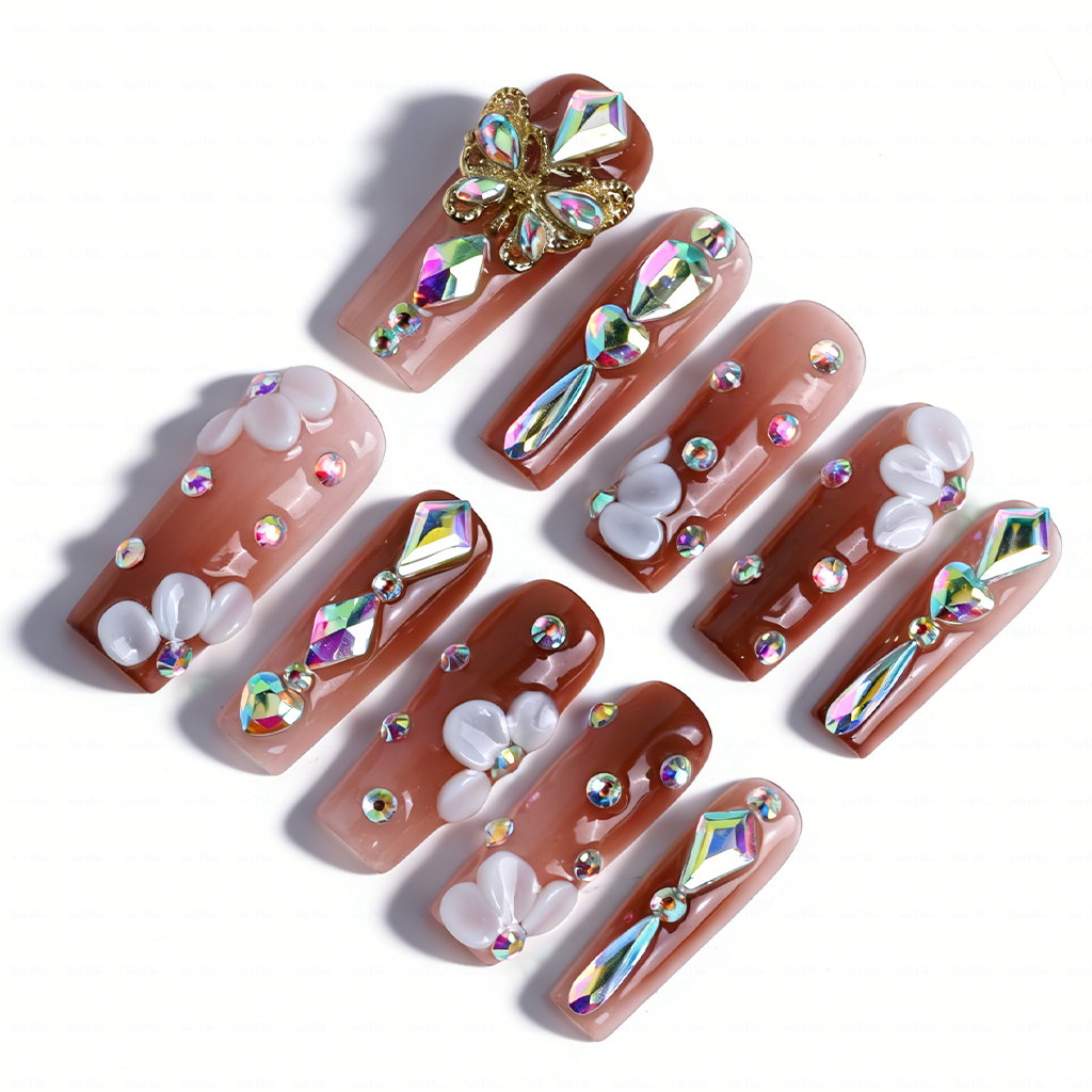 Butterfly Glow Nude Brown Medium Square Press-Ons with Gold Butterfly & Iridescent Gem Accents