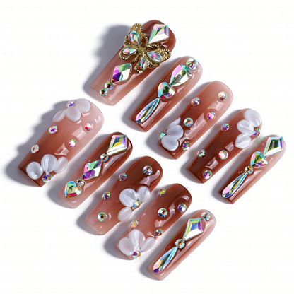 Butterfly Glow Nude Brown Medium Square Press-Ons with Gold Butterfly & Iridescent Gem Accents